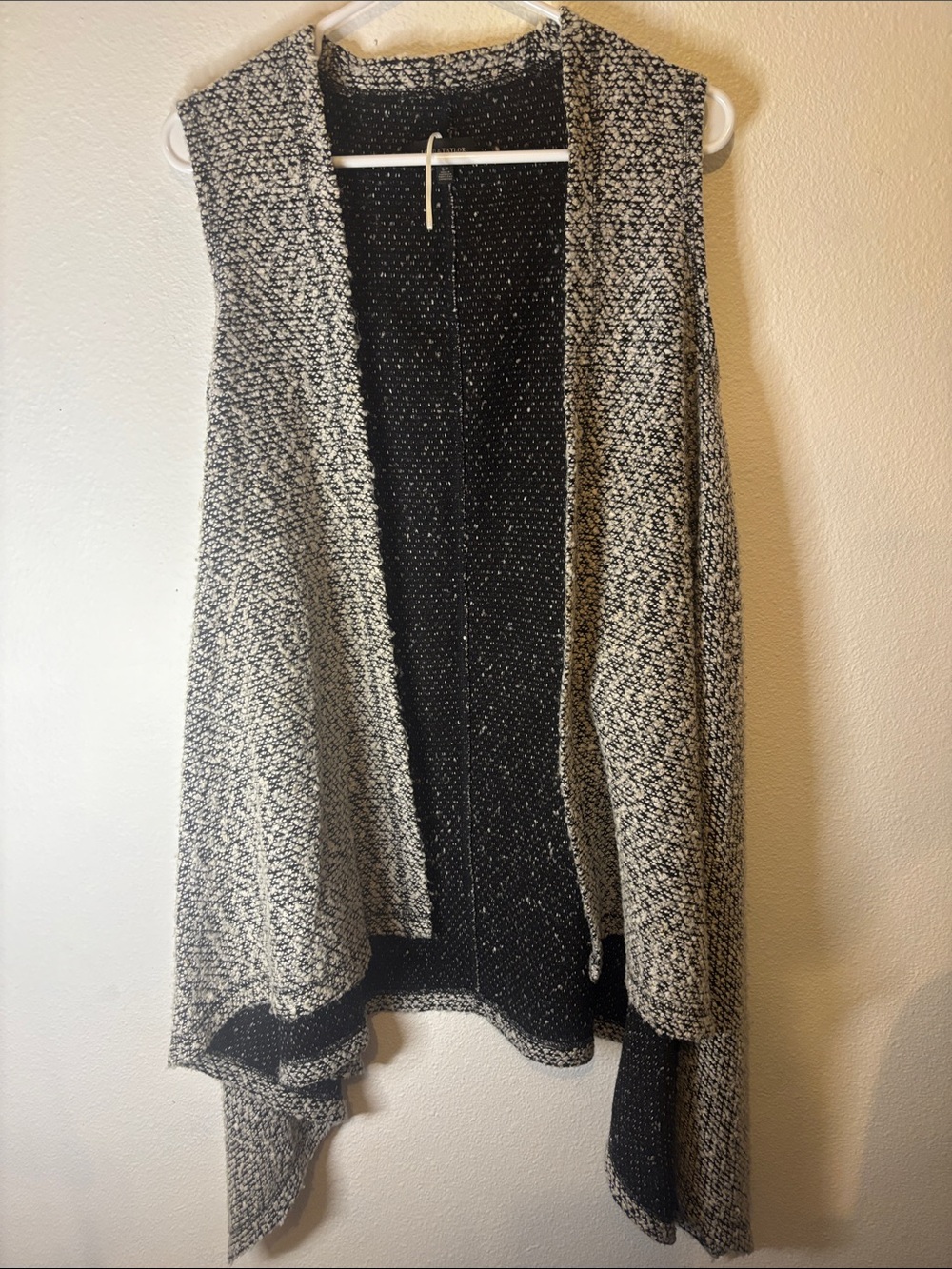 Lord & Taylor Black and Cream Marled Open-Front Draped Vest